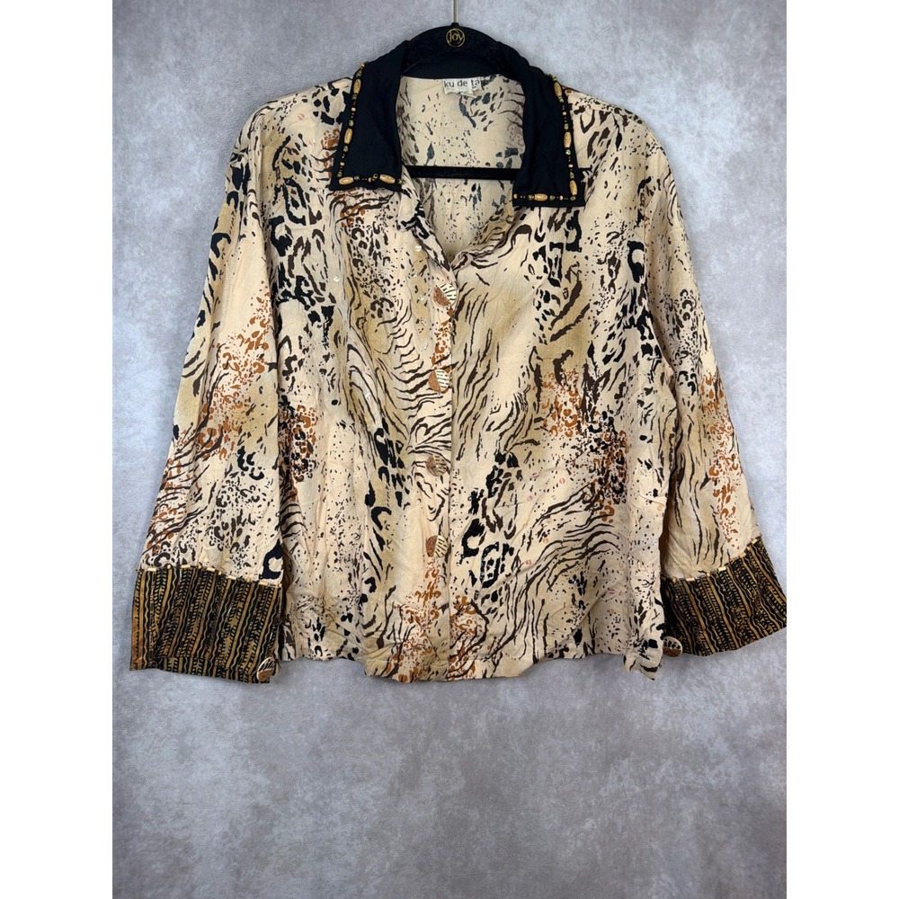 Ku De Ta Blouse Womens XL Tan Animal Print Beaded Collar Rayon Button Front Top